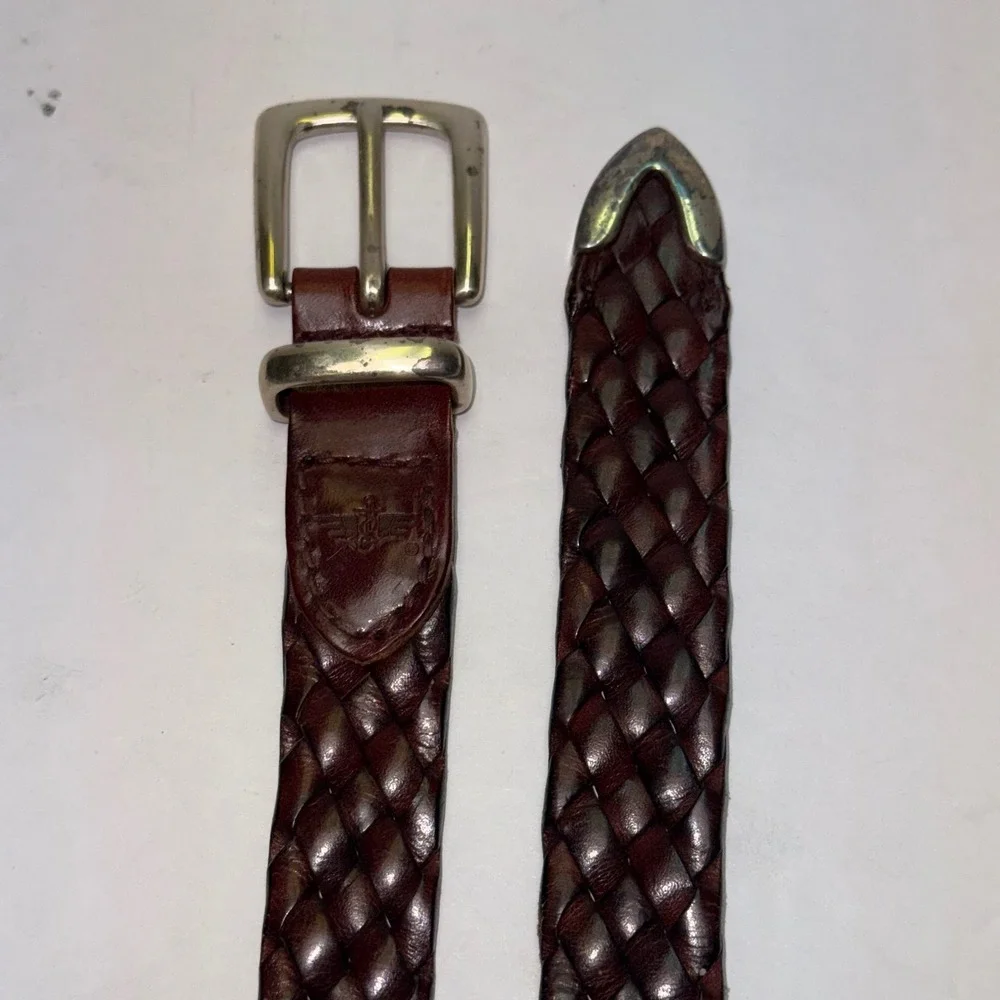 Dockers Braided Belt Mens 42 Brown Full Grain Leather Woven Solid Brass 2864